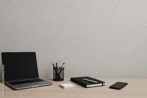Minimalist Workspace Setup With Laptop, Stationery, and Smartphone on Wooden ...