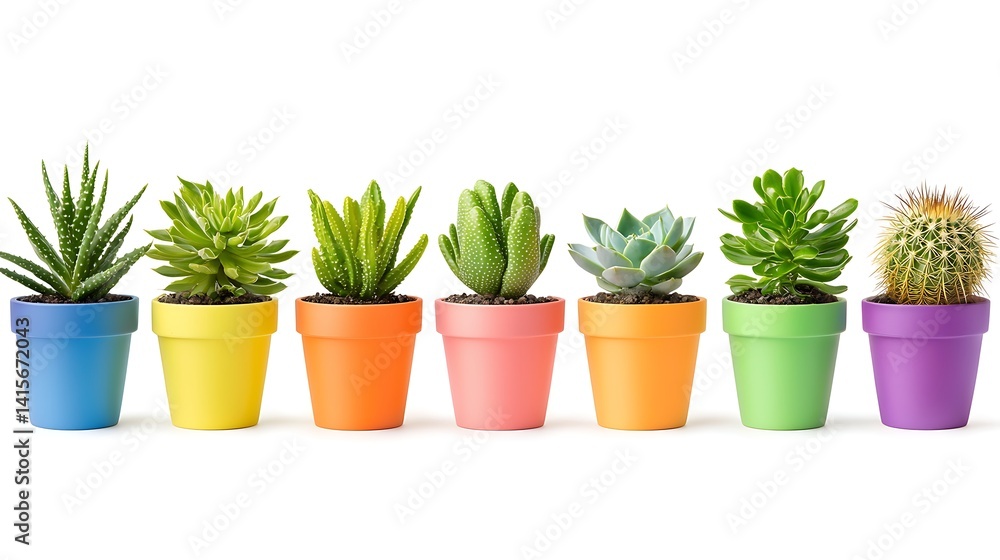Colorful Succulent Plants in Bright Pots Displayed in a Row Colorful Succulent Plants in Bright Pots Displayed in a Row