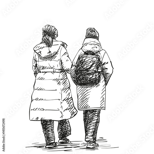 Hand-drawn black and white vector illustration of two women walking together in winter clothes, viewed from behind. Sketch with shading isolated on white. Friendship, travel, urban lifestyle concepts