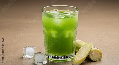Refreshing green sugarcane juice with ice, condensation, and sugarcane.