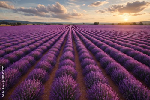 Lavender Field at Sunset in Rural Landscape With Vibrant Purple Rows and Gold...