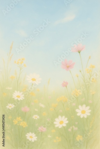 Colorful Wildflowers Bloom Under a Clear Blue Sky in a Bright Meadow During S...