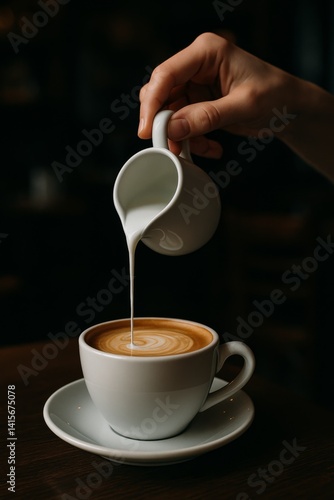 Coffee Preparation With Milk Pouring Into a Cup at a Cozy Cafe in the Morning