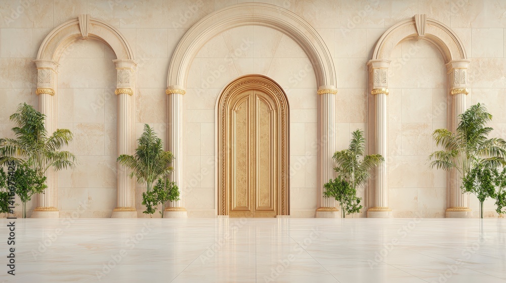 Fototapeta premium Elegant arched hallway with marble columns and lush green plants, showcasing classical architectural design.