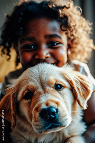 Obraz na płótnie Adorable Child and Puppy Embrace w salonie