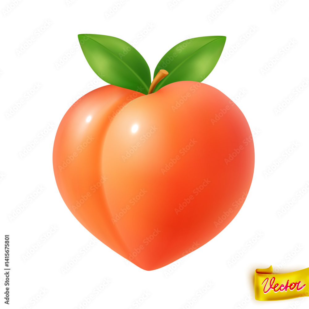 Fototapeta premium High-quality vector illustration of a ripe peach with two glossy green leaves and stem, isolated on white background. Perfect for healthy food, organic products, summer themes, and packaging