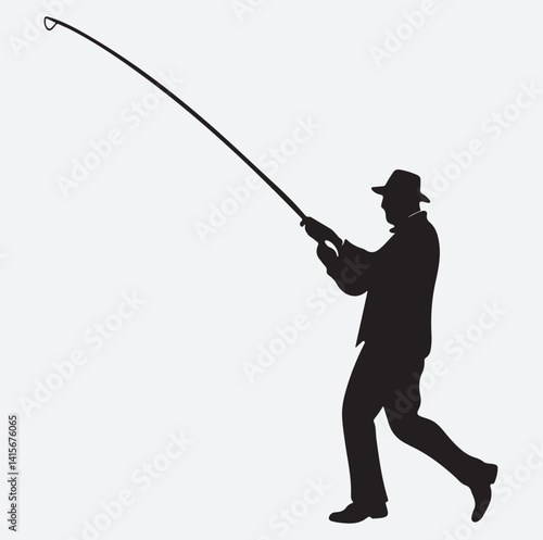 a fisherman casting a fishing rod 1 silhouette vector art illustration, silhouette of a fisherman