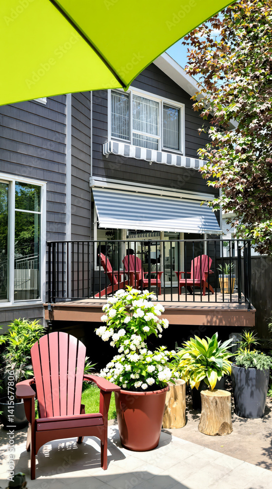 red adirondack chairs on deck with lime green umbrella and blooming flowers red adirondack chairs on deck with lime green umbrella and blooming flowers