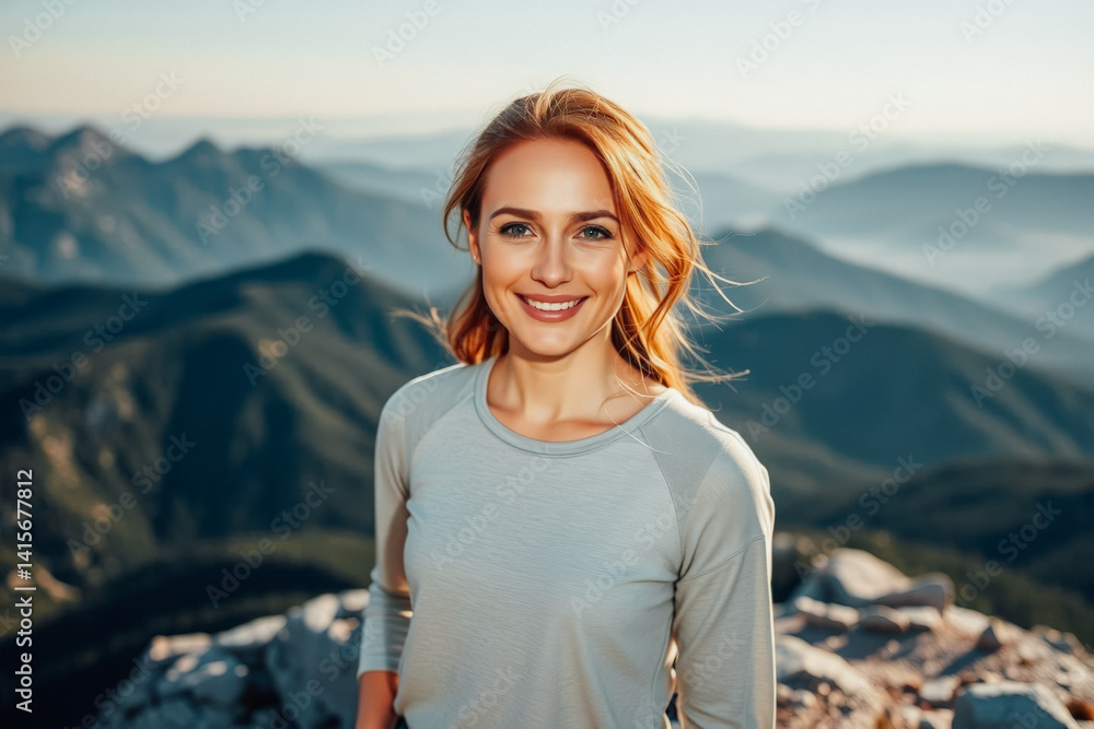 Smiling Woman on Mountain Top at Sunrise