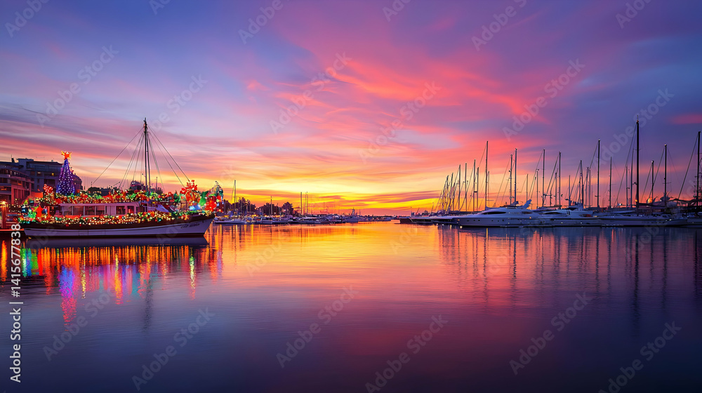 Fototapeta premium Colorful Marina Sunset With Illuminated Boats