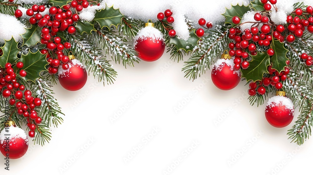 Holiday foliage with red ornaments and snow Holiday foliage with red ornaments and snow
