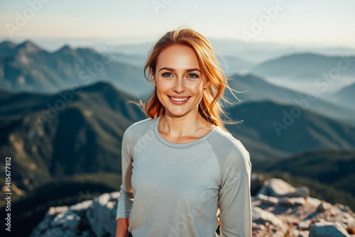 Obraz na płótnie Smiling Woman on Mountain Top at Sunrise w salonie
