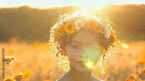 Growth of Woman in Floral Crown Radiates Joy in Vibrant Flower Field Surrounded by Natures Beauty
