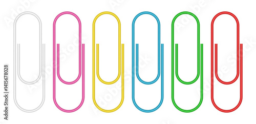 Set of multicolored paper clips. White, pink, yellow, blue, green and red colors