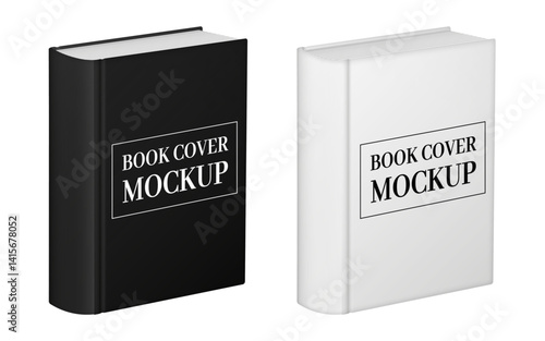 Mockup of black and white book covers. Upper cover and spine, side view. Book layout. Top cover. Hardcover