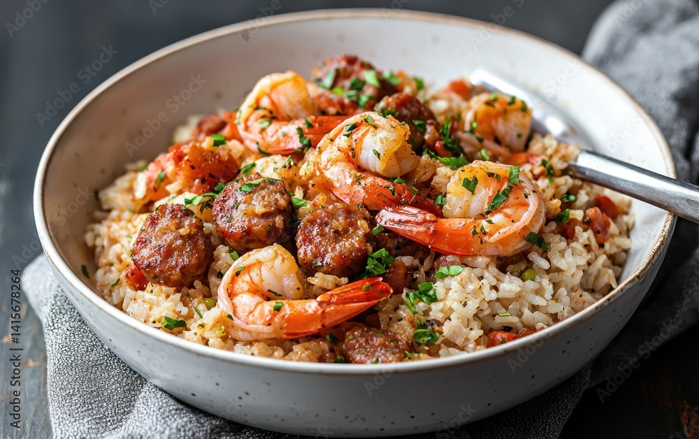 A flavorful bowl of jambalaya, featuring succulent shrimp and savory sausage atop fluffy rice. The dish is presented in a rustic-style bowl, garnished with fresh herbs, set against a dark background A flavorful bowl of jambalaya, featuring succulent shrimp and savory sausage atop fluffy rice. The dish is presented in a rustic-style bowl, garnished with fresh herbs, set against a dark background