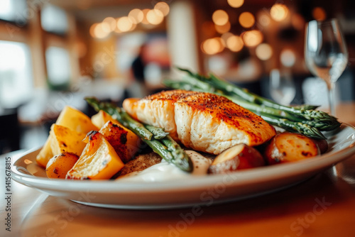 Obraz na płótnie Delicious Roasted Salmon with Asparagus and Roasted Potatoes w salonie