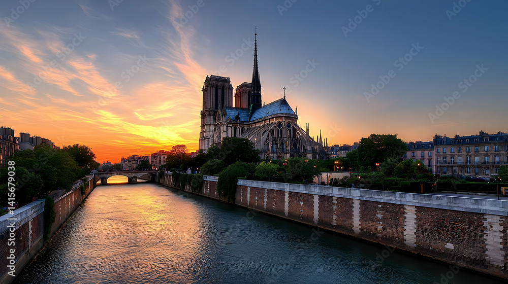 Fototapeta premium Notre Dame Cathedral Sunset View In Paris