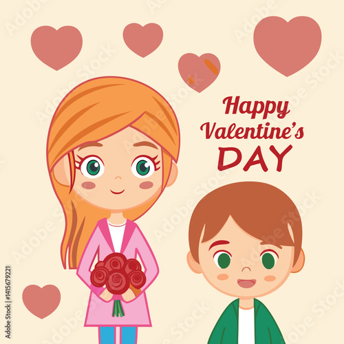 Cute cartoon couple celebrating Valentine's Day with flowers