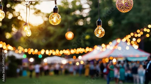 Festival of Lights: Capturing the vibrant atmosphere of an outdoor event, string lights cast a warm glow over a lively gathering of people, evoking a sense of celebration and joy.