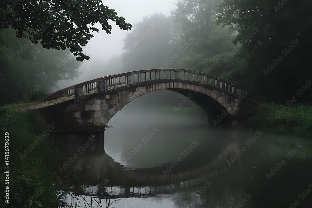 Fototapeta premium Bridge over the river in a misty morning. Landscape.