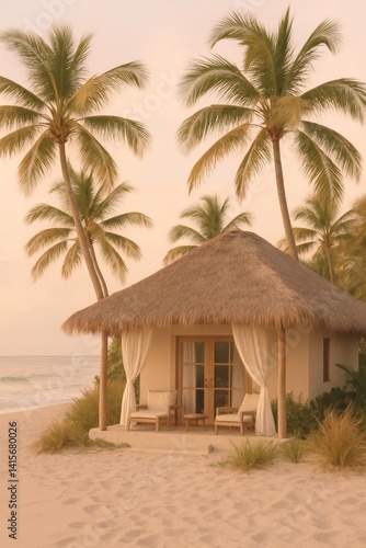 Cozy Beach Hut With Sun Loungers Surrounded by Palm Trees at Sunset