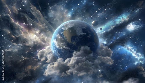 Cinematic Digital Wallpaper Of Earth Surrounded By Cosmic Clouds
