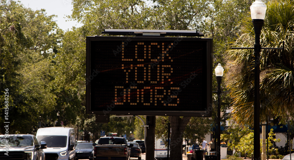 Obraz premium Digital sign in a neighborhood stating Lock Your Doors