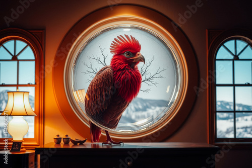 Obraz na płótnie Intriguing Bird in a Round Window w salonie