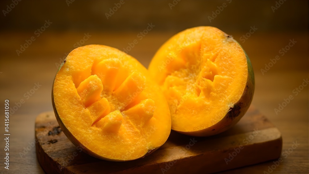 Fresh ripe mango with juicy golden flesh elegantly sliced on rustic wooden board Perfect for food and health concepts Fresh ripe mango with juicy golden flesh elegantly sliced on rustic wooden board Perfect for food and health concepts