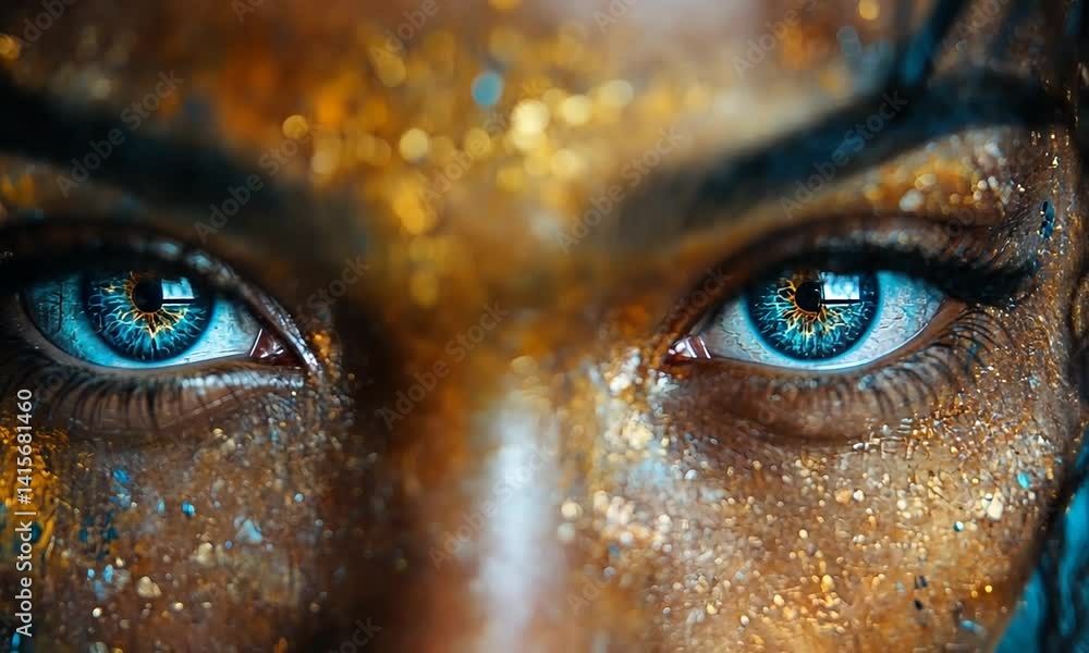 Close-up of a person's striking blue eyes adorned with vibrant gold paint, showcasing artistic expression Close-up of a person's striking blue eyes adorned with vibrant gold paint, showcasing artistic expression