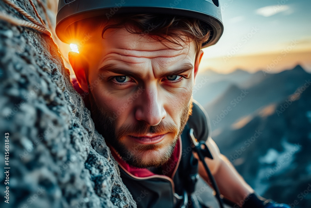 Focused Climber on Mountain Peak at Sunrise