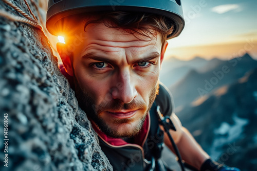 Obraz na płótnie Focused Climber on Mountain Peak at Sunrise w salonie
