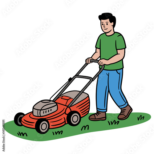 Man mowing the lawn with a red lawn mower, vector illustration