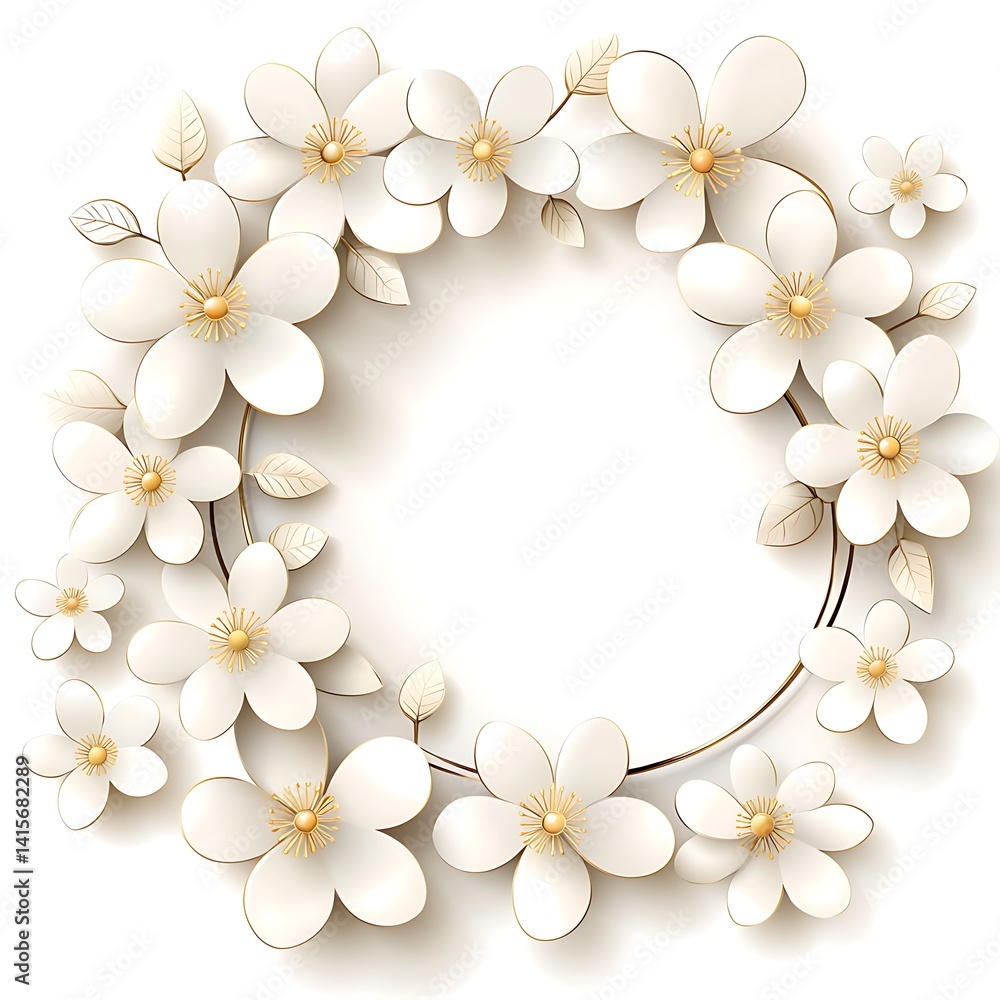 Obraz premium Elegant white floral wreath with delicate petals and circular empty space design