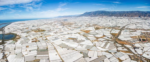 Panoramic Aerial view of Mar de Plastico, Sea of ​​Plastic, in Almería. A vast expanse of land covered with plastic greenhouses for the production of fruits and vegetables, larger than Almería itself