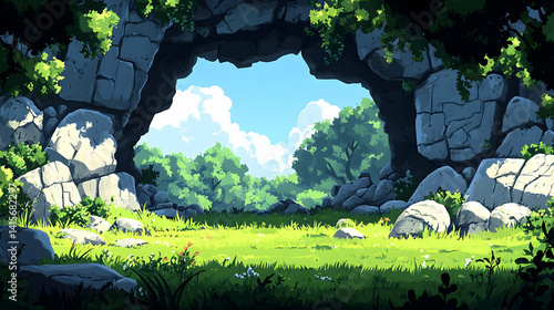 Cave entrance to a meadow with trees and sky Rocks form an archway with greenery around Sunlight touches the grass