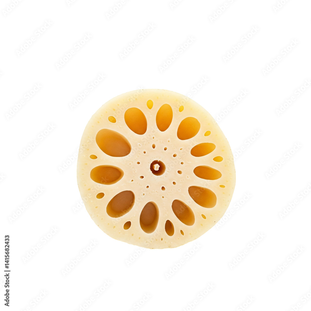 Fototapeta premium A captivating close-up of a lotus root slice, showcasing its intricate, delicate pattern and warm, creamy tones against a stark white background.