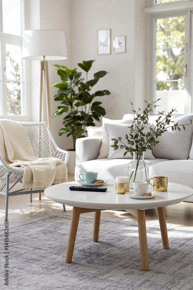 Fototapeta premium white coffee table in a sunlit living room