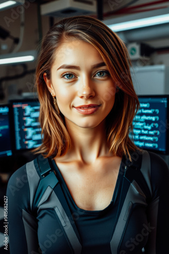 Obraz na płótnie Female Programmer in Futuristic Wearable Tech w salonie