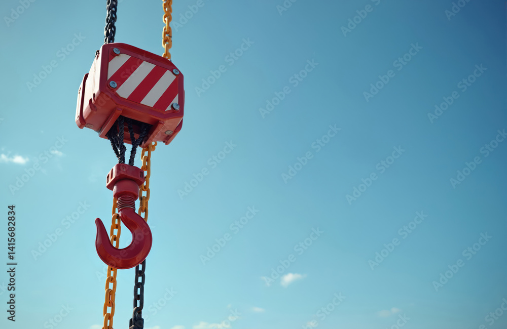 Red crane hook hangs against blue sky, construction site. Engineering machine lifting heavy loads during building. Industry, heavy equipment for lifting cargo, construction work. Red crane hook hangs against blue sky, construction site. Engineering machine lifting heavy loads during building. Industry, heavy equipment for lifting cargo, construction work.