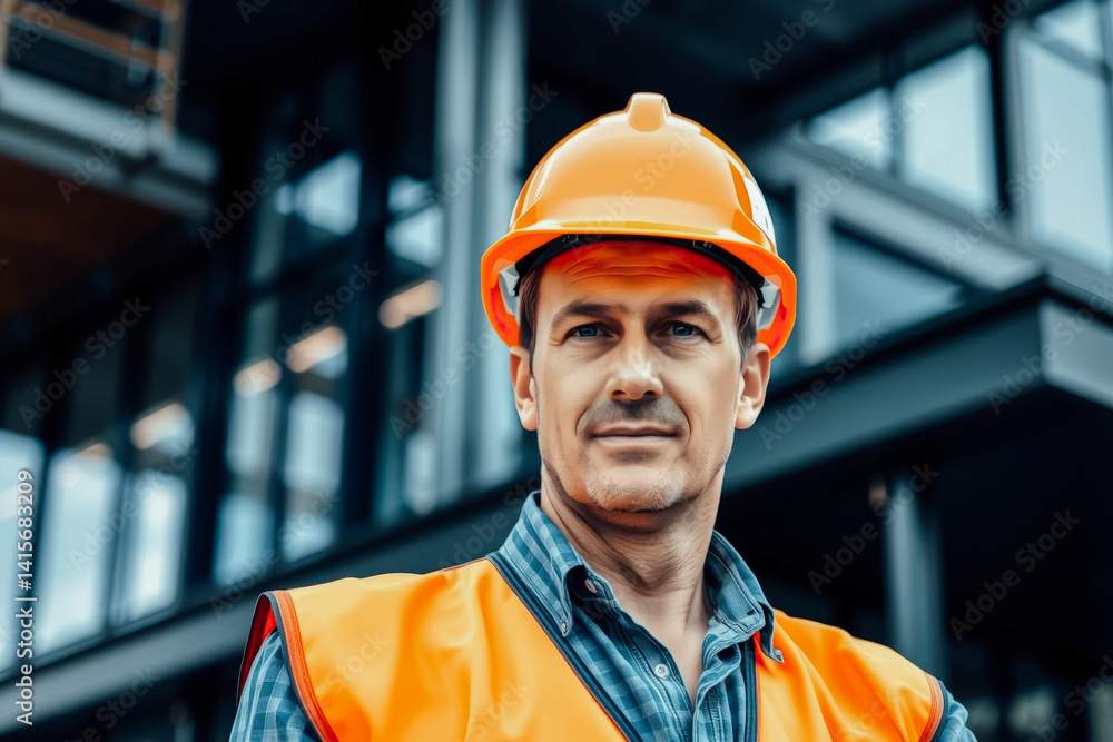 Confident Construction Worker in Front of Modern Building