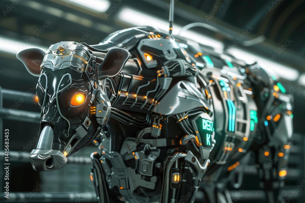 A futuristic rendering of a cybernetic cow with glowing orange lights and intricate mechanical details, A futuristic rendering of a cybernetic cow with metallic skin and glowing eyes A futuristic rendering of a cybernetic cow with glowing orange lights and intricate mechanical details, A futuristic rendering of a cybernetic cow with metallic skin and glowing eyes