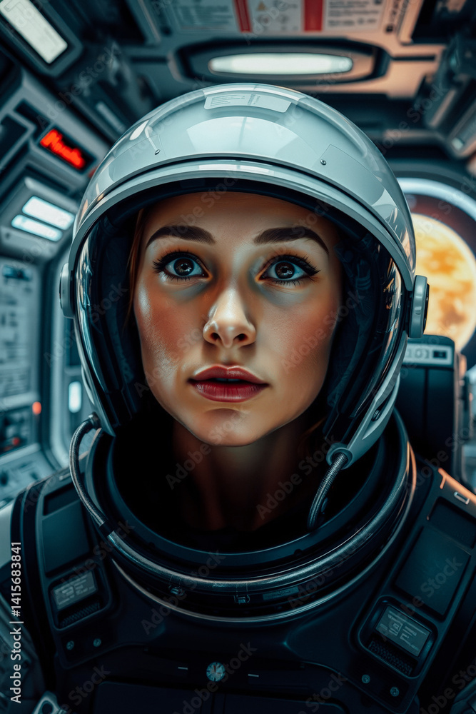 Female Astronaut in Spaceship Cockpit