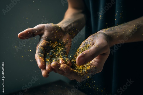 A man's hands covered in golden and black dust, creating a magical and mysterious atmosphere.