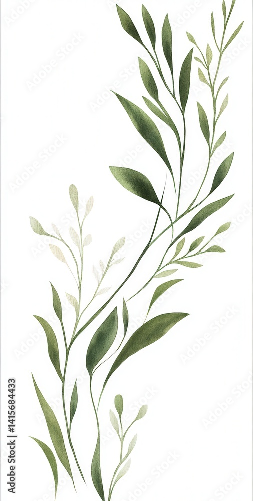 Fototapeta premium Elegant watercolor green leaves illustration on white background, perfect for natural-themed designs.