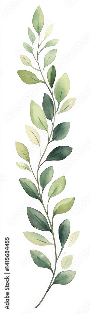 Elegant watercolor green branch with delicate leaves on a white background. Perfect for nature-inspired decor. Elegant watercolor green branch with delicate leaves on a white background. Perfect for nature-inspired decor.