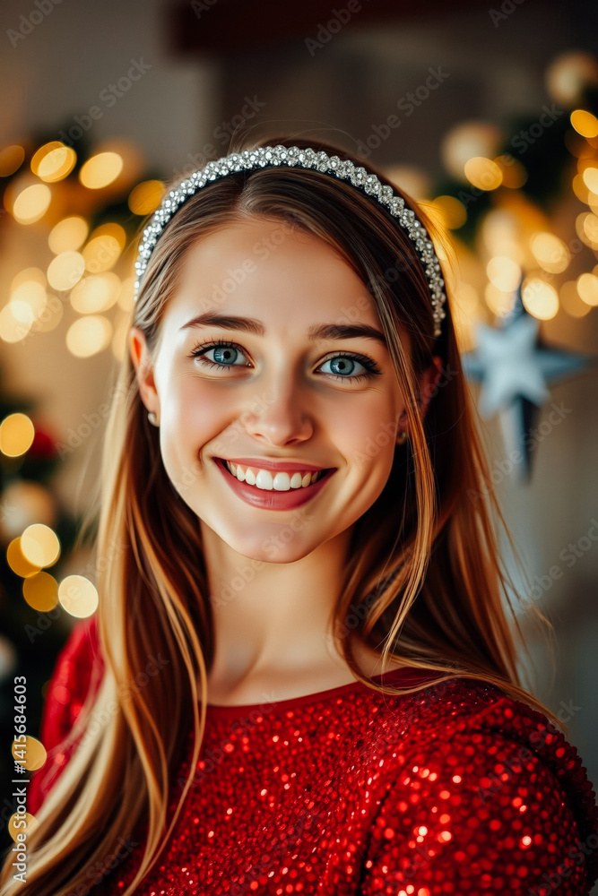 Smiling Woman in Red Dress with Christmas Decorations