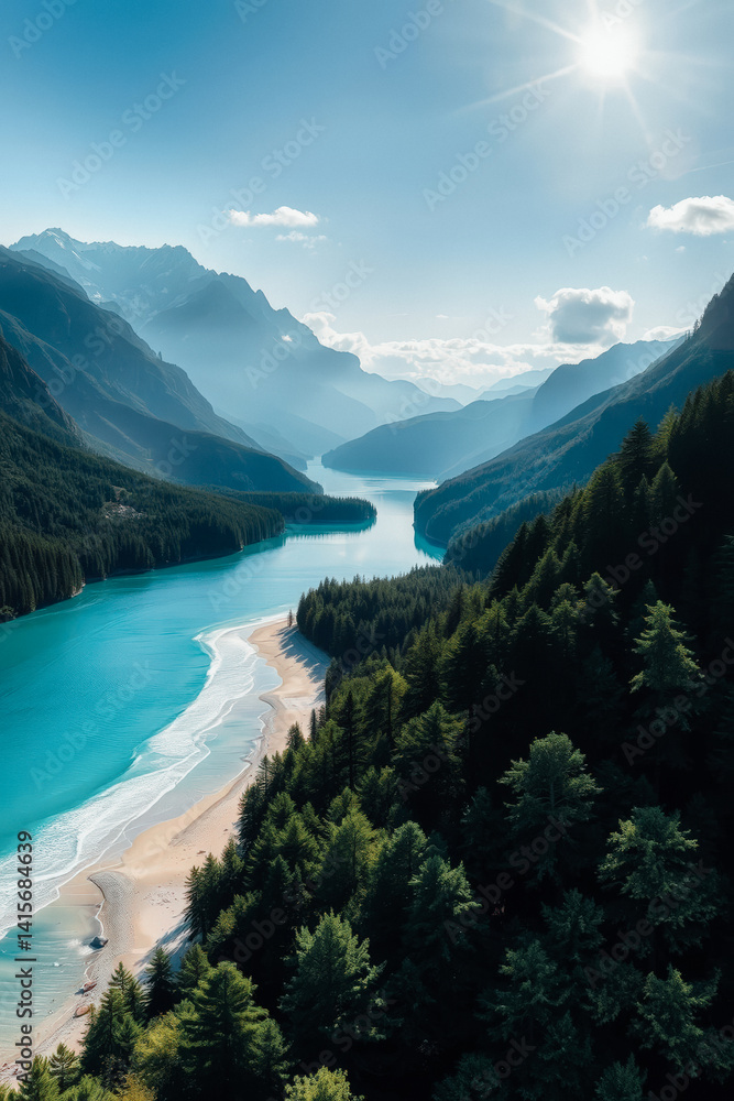 Serene Mountain Lake with Pristine Beach