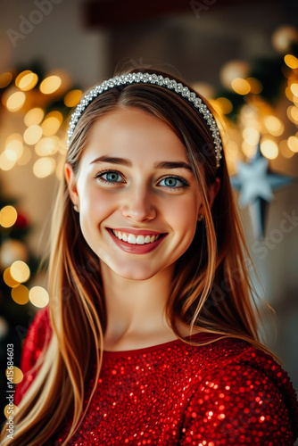 Obraz na płótnie Smiling Woman in Red Dress with Christmas Decorations w salonie